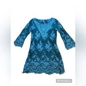 XCVI Womens Long Sleeves Slip Cover Up Dress Embroidered Lace Teal Size Small